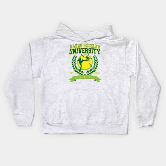 Kicking Elves University Kids Hoodie by chilangopride